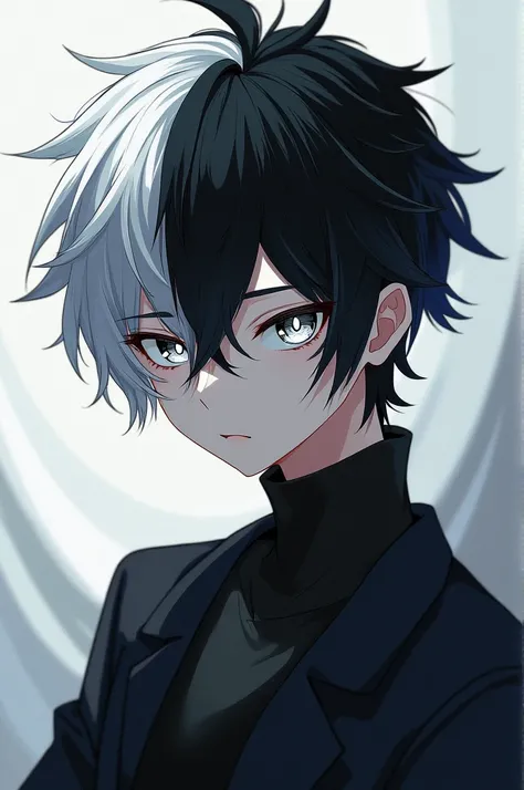  male character,  black and white hair , white irises ,  with an anime aesthetic but realistic