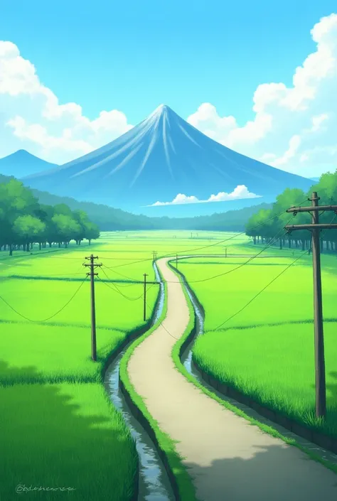 The road in the middle of the vast rice fields leads to two mountains and power poles and trees and a small river 