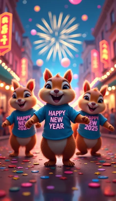 "A vibrant New Years celebration featuring a group of adorable squirrels wearing festive shirts that say Happy New Year 2025. They are joyfully dancing on a brightly lit street filled with colorful confetti, balloons, and sparkling decorations. Fireworks l...