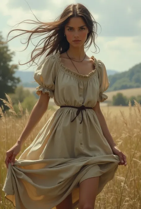 20-year-old peasant girl ,  dress too short the strong wind lifting her dress and shows her gender. She doesnt care about that .