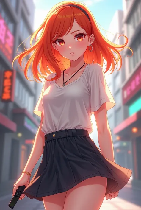 Cute anime girl, Korean, orange hair, k-pop, wearing a skirt, semi-long hair