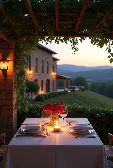 ((a hill,  where a private winery stood . The stone mansion ,  illuminated by torches and soft lights . Ahead, a table with two plates and two bowls prepared under a pergola covered by vines,  adorned with candles and red flowers .)) 