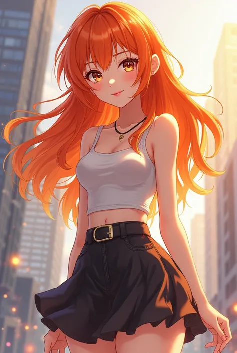 Cute anime girl, Korean, orange hair, k-pop, wearing a skirt, wearing a top, semi-long hair