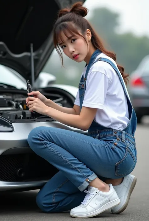 Korean girl beautiful brown hair tie in bun blue eyes wears long jeans jumpsuit wears white nike shoes wear white tangtop t-shirt white full body as if repairing carryng  damaged car  sport ferarri racing  engine whit work shop tools on car hood open on th...