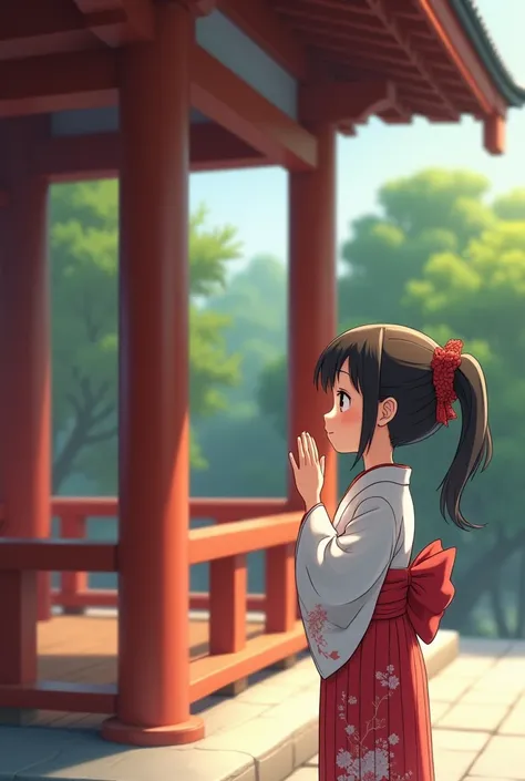 A girl praying for her first time 　 Praying at a traditional Yukashiki Shrine 　 A Japanese woman wearing a kimono putting her hands together and praying　Fantastic shrine　 A shrine like Nikko Toshogu 　 Please draw it in a 3D animation 