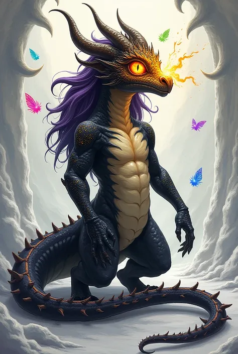 A two armed demi Dragon with a long tail, four horns on its head an eye covered in yellow, purple and red flame, the other eye, an orangeish yellow color with a purple hue. Long black and yellowish hair with purple highlights, his left arm covered in galax...