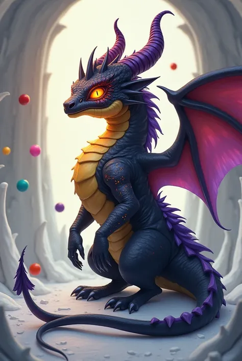 A two armed demi Dragon with a long tail, four horns on its head an eye covered in yellow, purple and red flame, the other eye, an orangeish yellow color with a purple hue. Long black and yellowish hair with purple highlights, his left arm covered in galax...