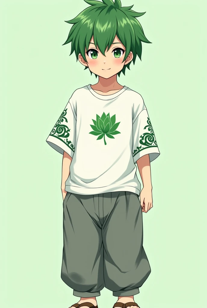  A  boy with short leaf green hair ,  wearing a white t-shirt with arabesques on the sleeves in leaf green and a lotus flower printed in the center, Also leaf green ;  wearing gray shinobi pants and sandals .  anime-style digital art Shounen 