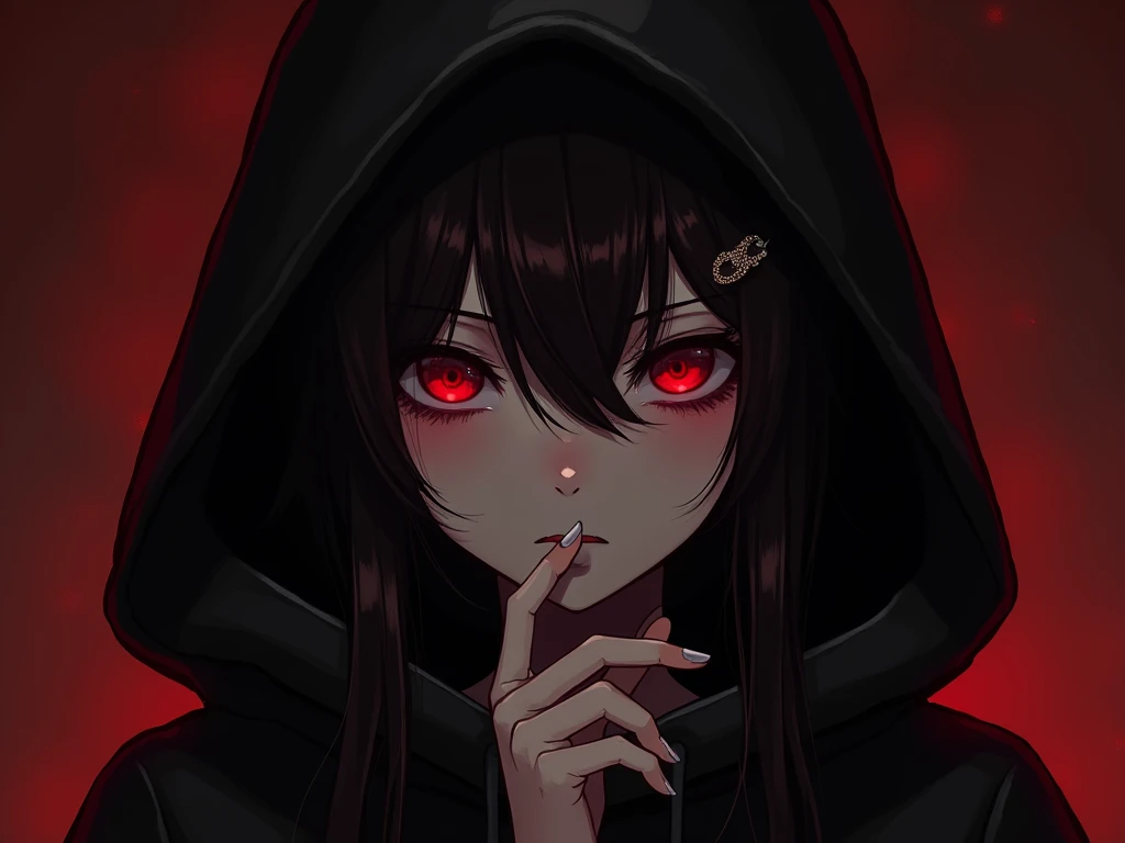 Girl, red and black, red eyes, black hair, hoddie, dark background, hairclip, Zigarette,