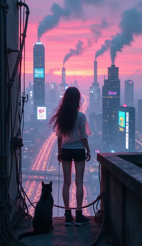 Fantastic futuristic cyberpunk cityscape at dusk 。 Skyscrapers and countless chimneys that blow out water vapor are lined up 、 the highway is stretched through the air 。 Large neon advertising signs and holograms float 、Vibrant cyberpunk cityscape 。 In the...