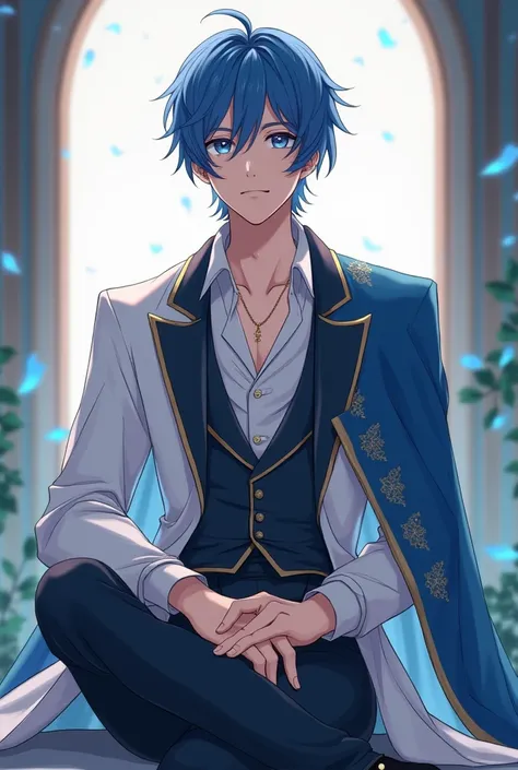 Anime handsome prince sitting there with a little blue hair at each end of his hair anime 4k, anime hd,