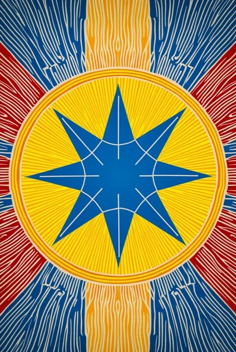 The Assyrian flag is a blue star with a yellow circle with blue, red and yellow lines around it 