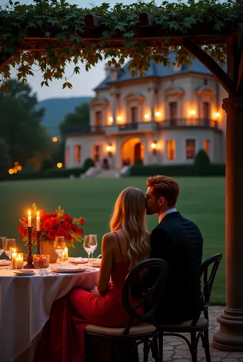 a hill,  where a private winery stood . The stone mansion ,  illuminated by torches and soft lights . Ahead, a table prepared under a pergola covered by creepers,  adorned with candles and red flowers . Dinner for two people dishes for two people ,  BLONDE...