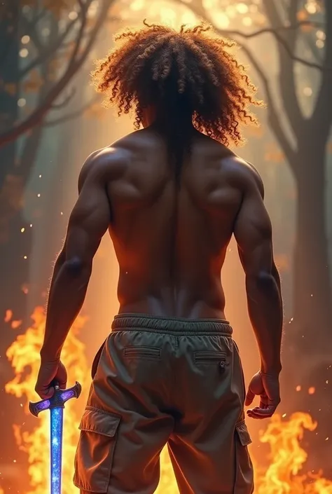 The Man from behind no face shown: He has thick hair, 3C type of curls cascading down to the middle of his back, with a light brown hue that appears sunlit and natural. The curls are soft, hydrated, and flow freely, swaying subtly with his movement. His mu...