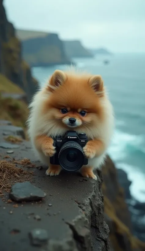 A Pomeranian Lulu almost falling off the cliff holding the camera on the tip of the owners hand very close to the two of them glues very well to the sad and desperate appearance of the two
