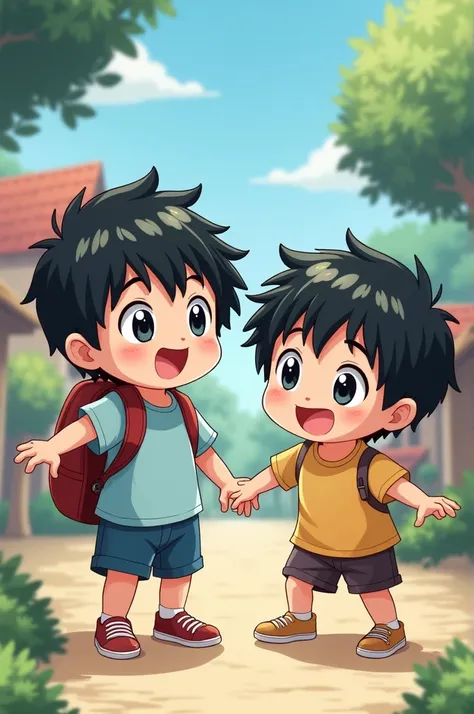 Two two-year-old boy .  With black hair and black eyes in anime style