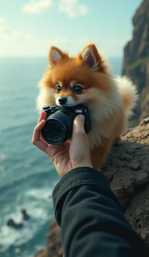 A Pomeranian Lulu almost falling off the cliff holding the camera on the tip of the owners hand very close to the two of them glues very well to the sad and desperate appearance of the two
