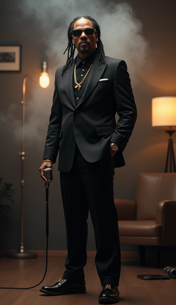 "A realistic portrait of Snoop Dogg standing tall, wearing a sleek black suit with gold accents, sunglasses and his iconic braid. He stands in a studio with soft, modern lighting, displaying his calm and confident expression. In the background, there is a ...