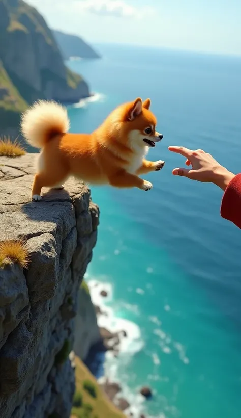 A Pomeranian Lulu almost falling off the cliff holding the owners hand on the tip of her hand
