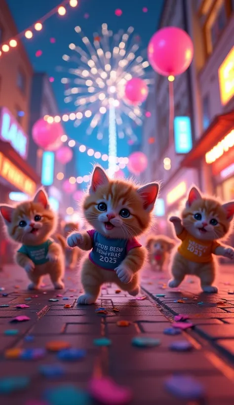 "A vibrant New Years celebration featuring a group of adorable kittens wearing festive shirts that say Happy New Year 2025. They are joyfully playing on a brightly lit street filled with colorful confetti, balloons, and sparkling decorations. Fireworks lig...