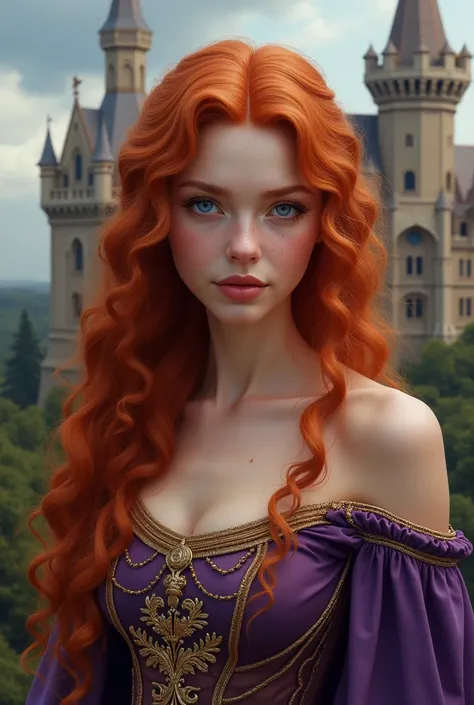 (Realisttic:1.2), analog photo style, medieval princess, very redhead(red hair), extreme long curly hair, freckled woman, perfect armonic square face, perfect thin nose, and blue eyes, with purple and gold dress, soft natural light, seriously and sexy, gre...