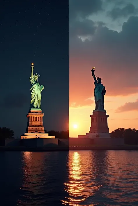 The Statue of Liberty at Night and the Second Image that is the same Statue but at a beautiful sunrise