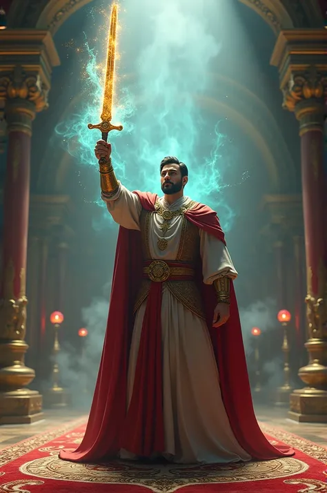 Create 3d cinematic image "The prince stands triumphant, his sword glowing faintly with mystical energy, as the defeated tantric shadow dissipates into the air. The treasure chamber is bathed in an ethereal light, symbolizing the curses end."