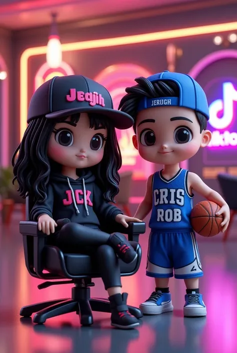 3D rendering of a chibi-style woman with long, wavy black hair. Black eyes. She is dressed in a very casual black outfit, including a cap that says "Jich Jeigh" in pink. The woman is sitting crossed legs in a gaming chair and showing off her casual outfit....