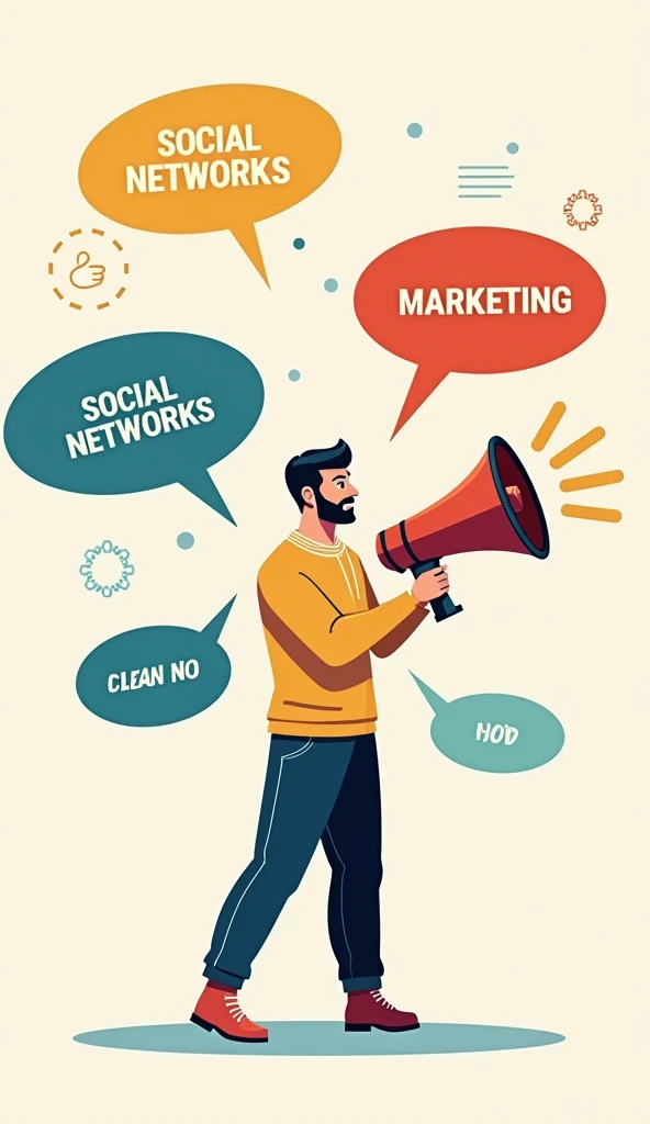 Image of a person holding a megaphone,  with messages about social networks, marketing, and strategy in speech bubbles .