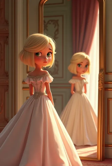 Disney Pixar-style poster of a 22-year-old green-eyed girl with strong blond short straight hair in a huge double room wearing an elegant royal wedding dress looking in the mirror a little nervous while wearing makeup and her best friend fixing her dress 