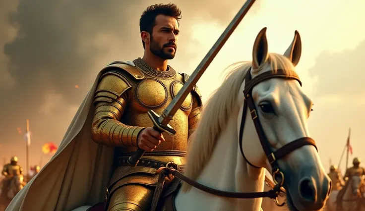 A powerful man of Middle Eastern descent, around 40 years old, with short, dark brown hair and intense brown eyes, rides a massive white horse. He is clad in golden armor that glints under the dim light of an approaching storm. His stern face shows determi...