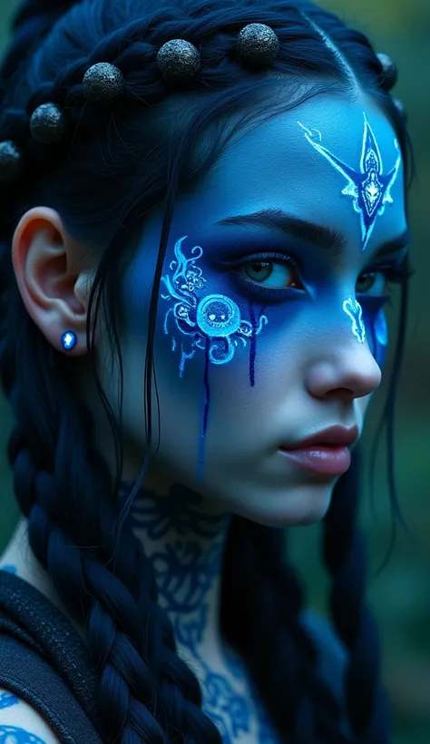  matte painting she wears shamans outfit , Blue Elf, Fractal Punk , Long and Intricate Braided Hair ,  Matte Painted Portrait ,  Very Beautiful Japanese High School Girl Android, Dark blue skin,  Closeup of a woman with a tattoo on her face  ,  tattooed fa...