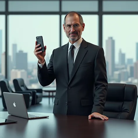  Ultra-realistic image of a young Steve Jobs dressed in an elegant suit holding an iPhone in his hand while pointing at a Macbook and an iPad. Conference room background 