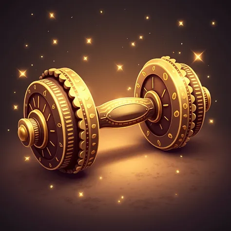 I want an illustration of a dumbbell in a magical and decorative style.  The image should have :

 A clean and symmetrical design ,  with ornamental details that give a sense of an enchanted or mystical object.
 Warm and rich colors ,  with an emphasis on ...