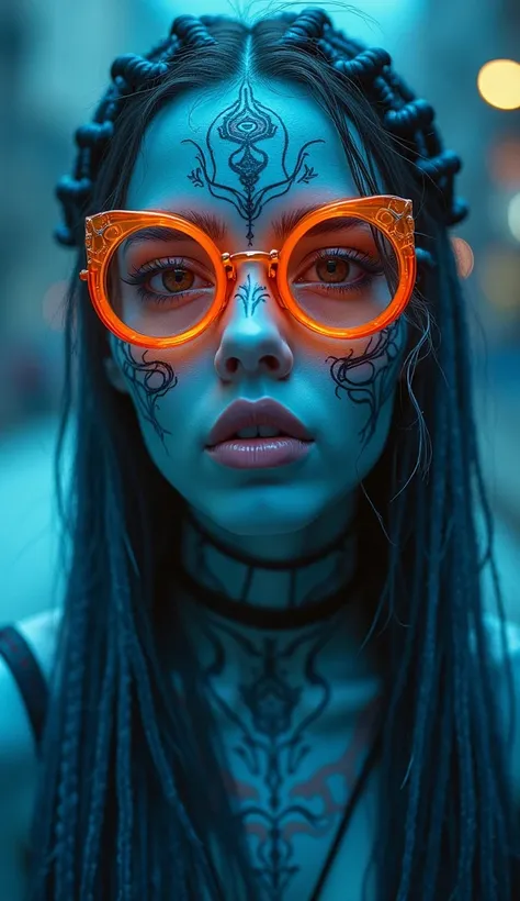  matte painting she wears shamans outfit , Blue Elf, Fractal Punk , Long and Intricate Braided Hair ,  Matte Painted Portrait ,  Very Beautiful Japanese High School Girl Android, Dark blue skin,  Closeup of a woman with a tattoo on her face  ,  tattooed fa...