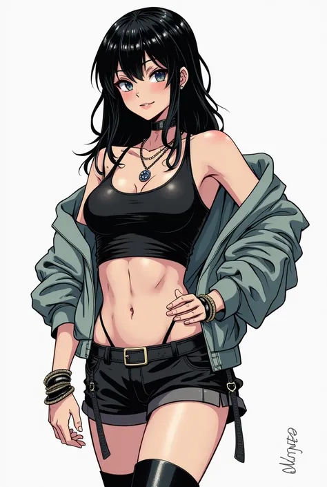 Masterpiece, best quality, Manga comic book art style, solo, black hair, punk or goth necklaces, punk or goth bracelets, short jacket with baggy sleeves, pockets on jacket arms, short black shorts, black tube top, jacket off of one shoulder, small collar, ...