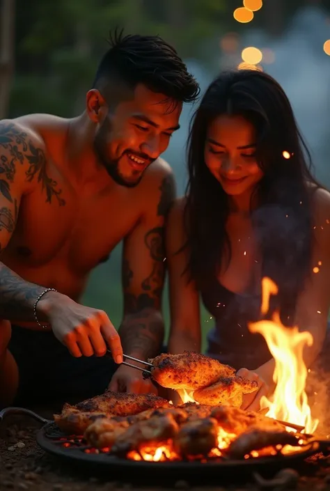 following his poto real visuals of a handsome handsome hunky guy strapping tattooed alongside a beautiful looking Indonesian woman with beautiful long flowing hair wearing a switer sitting while burn² chicken meat night background fireworks inscribed 2025 ...