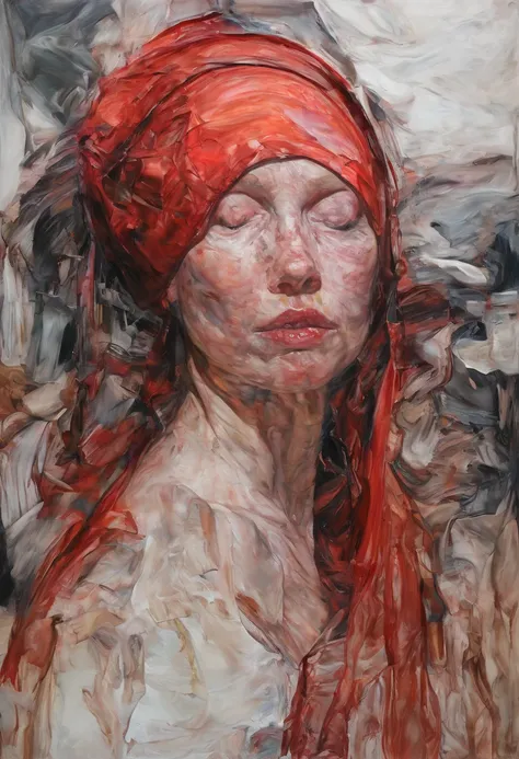 painting of a woman with a red head covering her face, inspired by Jenny Saville, an expressive oil painting, inspired by Cecily Brown, inspired by Peggy Bacon, inspired by Leon Golub, loose gestural painterly, intricate and intense oil paint, expressive o...