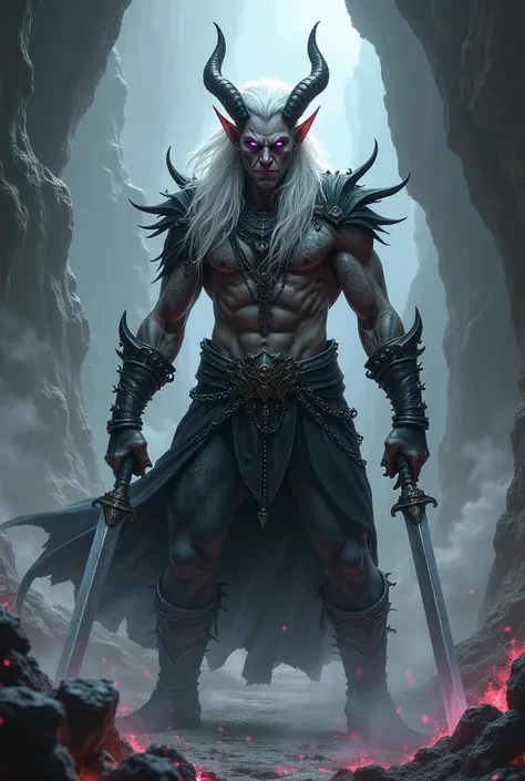 close up on the standing in battle pose Muscular evil Purple eyed badass dark elf  Gothic black mage Viking necromancer with long White hair wearing colak and robes made from black skin leather with spikes and studs reversed fractals with white tatooed ski...