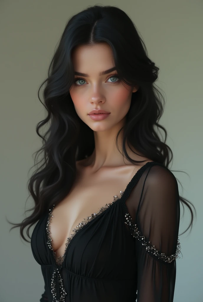 Create beautiful tall white black haired full body European woman wearing a 30 year old black blue eyes dress 