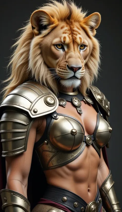 Create an image of a hybrid creature with the body of a muscular lioness and the face and features of a human woman. The creature has golden, fierce lioness fur, with intense, expressive eyes. She wears futuristic medieval armor made of polished metal with...