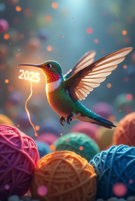  Hummingbird with light in its beak , number 2025 in beak , Many, Many bolas de hilo de colores 