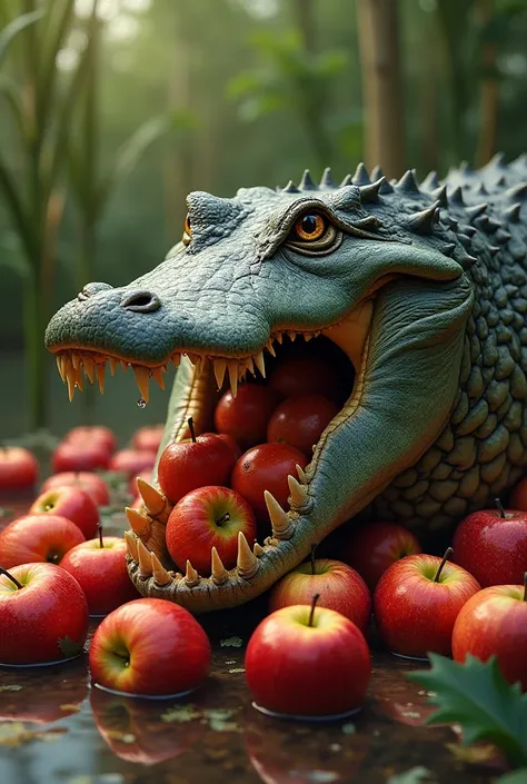 A picture of an alligator eating apples