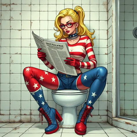 Front woman with open legs blonde punk zero suit in a blue and red and white hero costume with star pattern,  sitting on a toilet in a ,  old bathroom ,  reading a newspaper carefully .  The bathroom has white tiles ,  some of which are clean ,  and a visi...