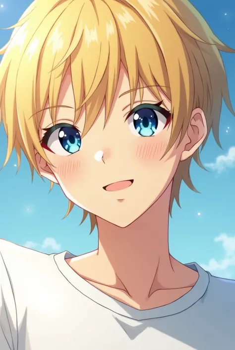 anime young man
His hair is blond  ,  blue eyes,  in、肌は白い
彼らは優しい目in私を見つめています。
Mouth is smiling。
 I feel like a little grown up 。
 and theyre about to reach out and hug me
white shirt
My body and face are facing this way