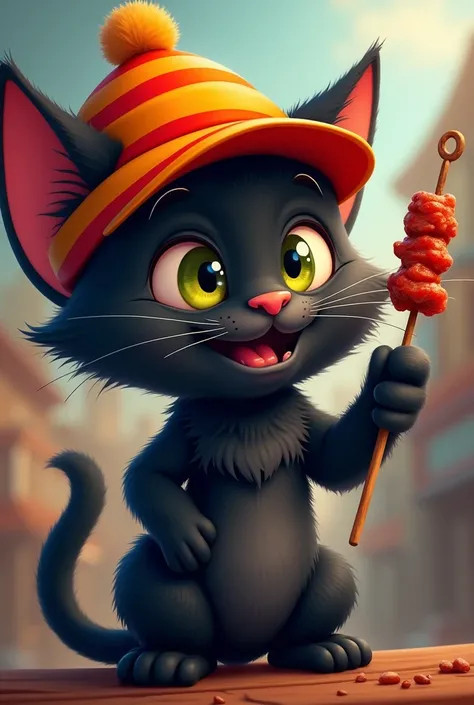  Cartoon black cat wearing an orange and red cap ,  with its front leg holding a meat skewer in front of a camera. Make it look like advertising . 