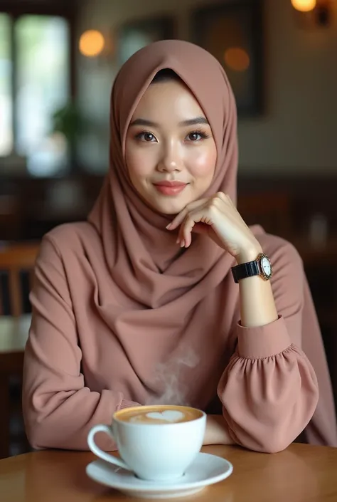 Full shot of a beautiful woman and graceful sweet chubby face clean white make up natural Indonesian original make up wearing long abaya dress and long sleeves color rosegolhijab according to dress wearing watch, drinking coffee in cafe ,  seen on round ta...