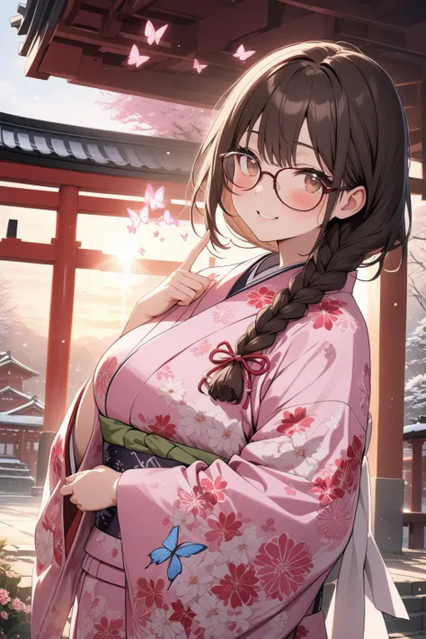 masterpiece, best quality, ultra detailed 8k, (perfect fingers, perfect hands), 
(cute girl with one braid:1.2), (dark brown hair, (low ponytail, one braid), braid with ribbon), 17yo, light brown eyes, droopy eyes, glasses, happy smile, 
large breasts, lar...