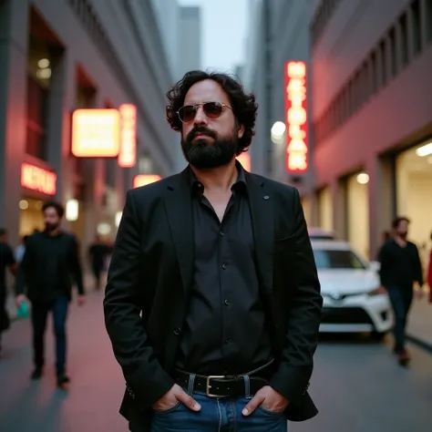 {
"prompt": "a 38 year old man, con barba y lentes de sol, aparece como protagonista en una escena de una serie original de Netflix. It is a medium shot focusing on the upper part of the body. The man is in a modern city, with skyscrapers and neon lights a...