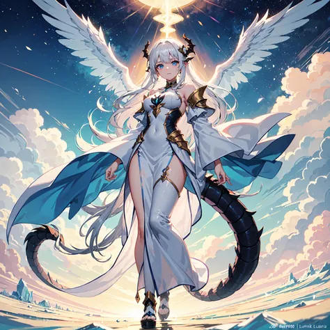 (((masterpiece, best quality, 8k))), celestial female warrior, (full-body), radiant white dragon armor, adorned with glowing angelic symbols, ethereal white light emanating from her, long flowing platinum hair, delicate strands catching the divine light, s...